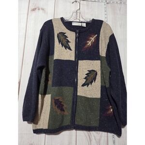 Dressbarn Woman Sweater Womens 1X‎ Navy Zip Cardigan Fall Leaf Patchwork Wool